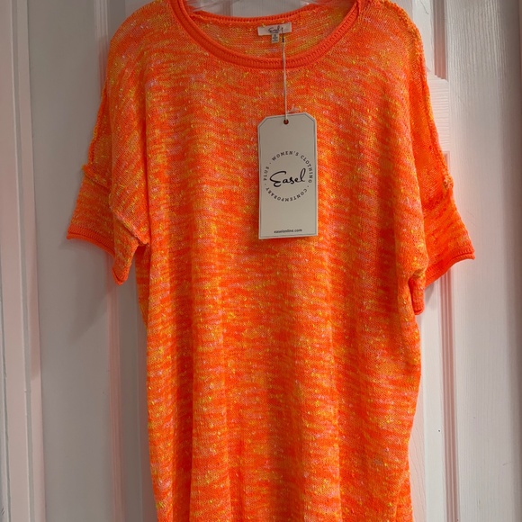 easel Tops - New Easel Multicolor Knit Top Pullover Lightweight Neon Orange & Yellow Small